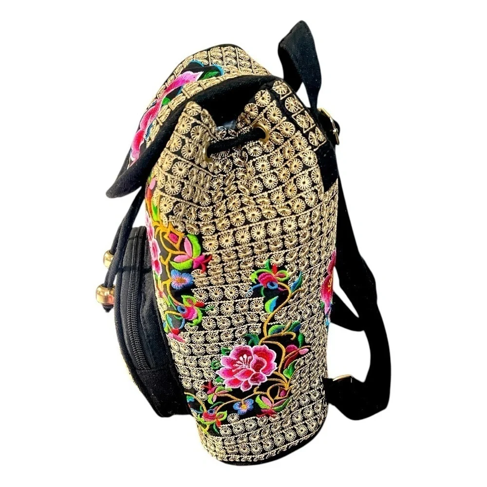 Boho Hippie Gypsy Embroidered Art to Wear Floral Cinch Sack Backpack Handbag